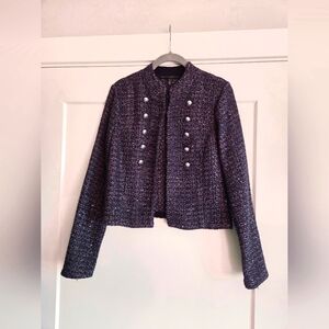 WHBM Navy Sequined Cropped Blazer with Military Style Button Detail